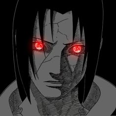 an anime character with red eyes and black hair, looking at the camera while staring into the distance