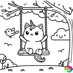 a cat sitting on a swing in the park coloring pages for kids, with birds flying around