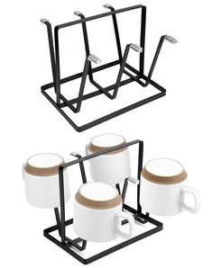 three coffee cups and two mugs are shown on the same holder as they appear to be made out of metal