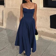 TAVIMART - Elegant Backless Sleeveless Long Dress Women's Sexy Off Shoulder Spaghetti Straps A Line Dress Party Luxury Dress Robe SIZE (Unit: CM): S,M,L S : Bust:73-92CM Waist:67-72CM Hip:100CM Length:110CM M : Bust:77-96CM Waist:71-76CM Hip:104CM Length:112CM L : Bust:81-100CM Waist:75-80CM Hip:108CM Length:114CM Note:( 1 CM =0.39 Inch, 1 Inch = 2.54 CM) Blue Wedding Guest Dress, Blue Wedding Guest Dresses, Pleated Long Dress, Spaghetti Strap Long Dress, Resort Dress, Spring Trends Outfits, Fashion Gowns, Resort Dresses, Sleeveless Long Dress