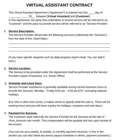 the sample agreement for virtual assistant contact is shown in this document, and it appears to be