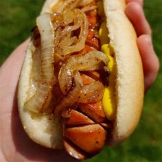 a hand holding a hot dog with onions and mustard