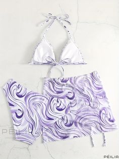 Peilia - Womens Plus Size Marble Print Bikini Set - Halter Neck Bra, High Waisted Panty, and Ruched Mesh Mini Skirt - 3-Piece Swimsuit Set White Summer Sets For Pool, White Summer Pool Sets, White Summer Pool Set, White Printed Beachwear Sets, White Poolside Summer Sets, White Fitted Swimwear Set, White Two-piece Beachwear Set, Fitted Halter Neck Beach Set, Fitted Sleeveless Set For Beach Party