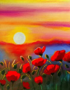 an oil painting of red poppies in front of a sunset with the sun behind them