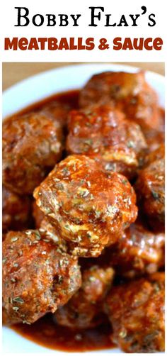 meatballs and sauce in a white bowl with the words bobby flay's meatballs