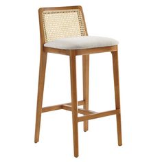 a wooden bar stool with a white upholstered back and seat cushion on an isolated white background