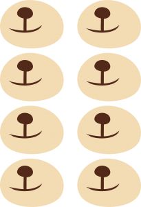 four different shapes of the same animal's nose and mouth, with brown circles around them