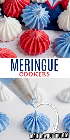 blue and white meringue cookies are being made in the shape of shells with red, white and blue icing