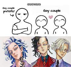 three different avatars, one with blue hair and the other with white hair are drawn in