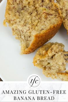 a white plate topped with banana bread next to a fork