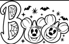 the word boo spelled out with mickey mouse heads and bats in black on a white background