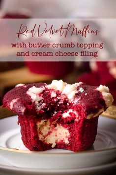 red velvet muffins with butter crumb topping and cream cheese filling on a plate