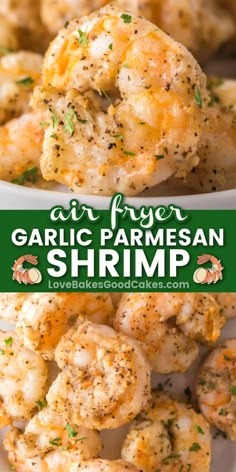 garlic parmesan shrimp on a white plate with the title text overlay reads garlic parmesan shrimp