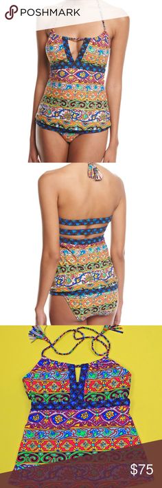 Nanette Lepore Carnaval Honey 2 pc Tankini This Nanette Lepore 2 pc tankini set features a halter-neck tankini top with colorful pattern featuring front triangular keyhole and removable cups.   Colored lining  Hipster bikini bottom featuring strappy sides and full rear coverage.  72% Nylon, 28% Elastane, 88% Nylon, 12% Elastane  Hand Wash  All my items come from a smoke free home. Nanette Lepore Swim Bikinis Bohemian Fitted Tankini, Fitted Bohemian Sleeveless Tankini, Bohemian Sleeveless Tankini, Tankini Set, Nanette Lepore, Tankini Top, Halter Neck, Color Patterns, Tankini