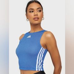 Brand New, Bought Two Sizes. So Cute For Working Out And/Or Athleisure Look With Sweats And Sneakers. Blue Sportswear Top With Three Stripes, Blue Athleisure Tops With Three Stripes, Blue Ribbed Athleisure Tops, Blue Adidas Cotton Activewear, Adidas Blue Tops With Three Stripes, Adidas Blue Three Stripes Top, Blue Adidas Tops With Three Stripes, Blue Ribbed Sporty Tops, Blue Three Stripes Tops For Summer