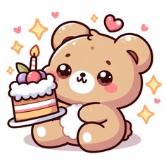 a brown teddy bear holding a birthday cake