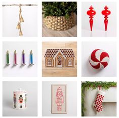 a collage of christmas decorations, candles, and other items on a white background