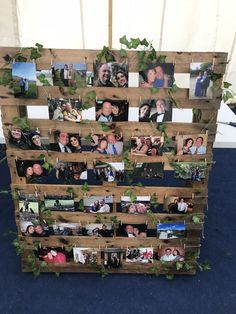 a wooden pallet with photos attached to it and ivy growing on the top, along with other pictures