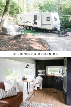 the interior and exterior of a mobile home with an rv parked in front of it