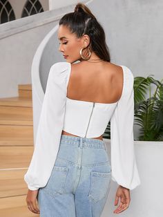 Shop Long Sleeve Ruched Bust Zipper Back Crop Top now at Partheafashion. You can also choose more fashion style. Crop Top With Puff Sleeves, Chiffon Crop Top, Top With Puff Sleeves, Party Crop Tops, Halterneck Dress, Chic Sundress, Festival Dress, Chiffon Blouse, Embellished Dress