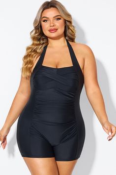 Black Ruched Panel Halter Women One Piece Swimsuit Black Ruched Fitted Bodysuit, Fitted Black Ruched Bodysuit, Black Fitted Ruched Bodysuit, Fitted Black Tankini With Ruched Back, Black Ruched Tankini For Swimming, Solid Ruched Bodysuit For Beach Season, Black Swimwear With Ruched Back, Black Ruched Tankini For Beach Season, Black Swimwear With Ruched Back For Pool