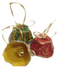 three small boxes with bows tied around them on a white background, one is red and the other is gold