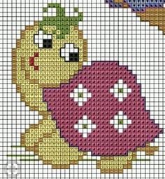 a cross stitch pattern with an image of a turtle and a bird on it's back