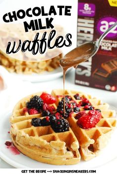 A chocolate milk waffle topped with berries being drizzled with chocolate peanut butter sauce. Waffles No Milk, Waffle Recipe Chocolate, Chocolate Sourdough Waffles, Chocolate Waffles Easy, Chocolate Waffles From Pancake Mix Recipes, Waffles With Chocolate, Waffle Chocolate, Waffle Snacks, Peanut Butter Drizzle