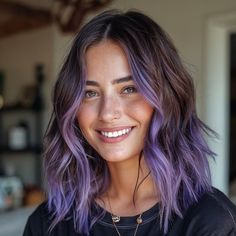 Cute Purple Highlights For Brown Hair, Black Hair With Lavender Money Piece, Dark To Purple Hair, Purple Hair Colors For Brunettes, Brown Hair With Vivid Highlights, Purple For Brown Hair, Lavender Hair Money Piece, Soft Alt Hair Color, Brown To Lavender Hair