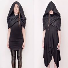 nuitnuitnuit: “Our essential Mythic Cowls in Black Wool on the left and stretch Linen on the right. The former is perfect for wintry climates and the latter for damp, rainy weather. #nuitclothing #fw16 #newcollection ” Urban Fashion Girls, Dystopian Fashion, Fest Outfits, Urban Fashion Women, Hooded Cloak, Outfit Hijab, Rainy Weather