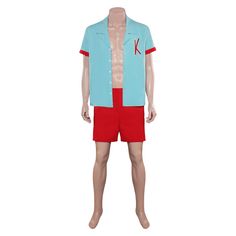 a male mannequin wearing red shorts and a blue shirt