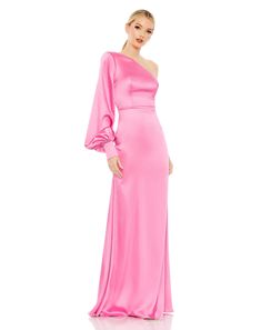 Ieena for Mac Duggal  Satin charmeuse overlay; 100% polyester lining Fully lined through body Asymmetric one-shoulder neckline Single long bishop sleeve Sweeping train Concealed back zipper  Approx. 62.5" from top of shoulder to bottom hem Available in Candy Pink and Sunset Style #26712 One Shoulder Long Sleeve Dress, Long Sleeve Evening Gowns, Mac Duggal Dresses, Trumpet Gown, One Shoulder Gown, Unique Prom Dresses, Western Chic, Column Gown, Satin Prom Dress