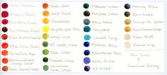 the color chart for different paints is shown in white paper with black writing on it