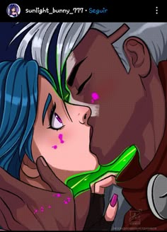 an animated image of a man kissing a woman's face with green paint on it