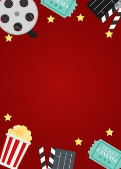 a red background with popcorn, movies and clapsticks on the bottom right corner