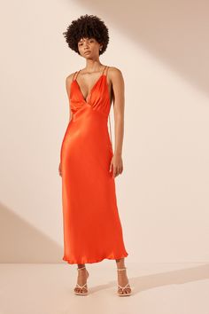 Mia Contrast Plunged Double Strap Midi Dress | Red Orange/Hibiscus | Dresses | Shona Joy Orange Hibiscus, Shona Joy, Silk Touch, Dress Inspo, Midi Length Skirts, Red Midi Dress, Swimwear Sale, Wedding Board, China Fashion