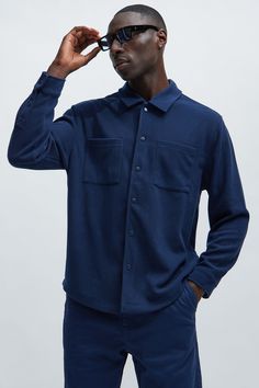 Available In Navy. Fold Down Collar Chest Pockets Front Button Closure Pair With "Cairo Textured Straight Pants" 97% Polyester 3% Spandex Imported | Mens Cairo Textured Long Sleeve Shirt in Navy Blue size Small by Fashion Nova Blue Button Up Shirt Outfit, Long Sleeve Shirt Outfits, Oversized Long Sleeve Shirt, Mens Button Up, Navy Fashion, Men Shirt Style, Mens Navy, Straight Pants, Cairo