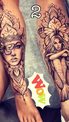 two women's legs with tattoos on them