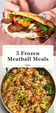 a person holding up a sandwich with meatballs and noodles in front of the words, 5 frozen meatball meals