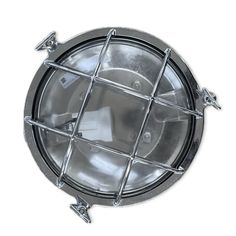 an image of a round light fixture with metal caged design on the front and sides