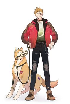 a man standing next to a dog wearing a red jacket and black pants with his hands in his pockets