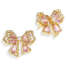 PRICES MAY VARY. Cute sparkly bow stud earrings, delicate small double ribbon bow, featuring a bigger bow adorned with dazzling pink droplet cubic zirconia, on top of it embellished a dainty simple bow with tiny resin pearl, graceful and sweet. Unique small bow ear stud, push back for pierced ears, lovely sailor bow shape, matching with dreamy pink color and fancy design, perfect for both everyday wearing and nice for romantic dating. 14k gold plated brass, lightweight, lead free, nickel free, h Pink Bow Jewelry, Pink Girly Things To Buy, Pink Bow Earrings, Stuff For Christmas List, Gold Bow Earrings, Cute Friend Gifts, Pink Earrings Studs, Cute Pink Accessories, Cute Earrings Aesthetic