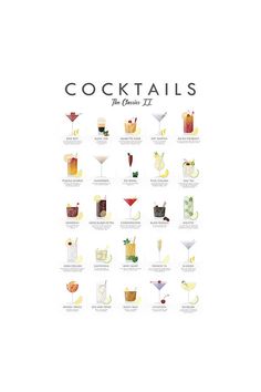 a poster with different types of cocktails on it's sides, including the names and