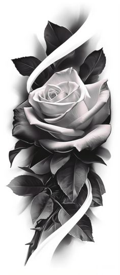 a black and white rose with leaves on it