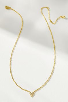 14k gold-plated brass, cubic zirconia Lobster clasp Imported | Full Pavé Heart Necklace by Uncommon James in Gold, Women's, Gold/Plated Brass/Cubic Zirconia at Anthropologie Gold Heart Necklace With Delicate Chain, Gold Cubic Zirconia Heart Pendant Jewelry, Gold Cubic Zirconia Jewelry With Heart Charm, Elegant Everyday Heart Necklace, Gold Diamond Charm Necklace With Heart Charm, Gold Heart Necklace With Delicate Diamond Chain, Gold Diamond Charm Necklace With Adjustable Chain, Gold Fine Jewelry Charm Necklaces For Valentine's Day, Classic Gold Heart Necklace With Delicate Chain