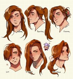 some drawings of different hairs and hair styles for people with brown hair, one is wearing a