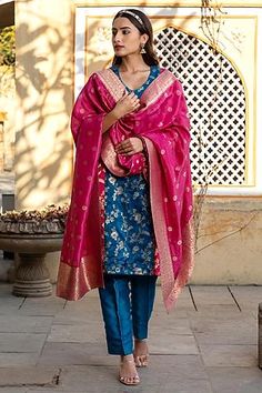 Shop for Inara Jaipur Blue Banarasi Brocade Kurta Set for Women Online at Aza Fashions Festive Pink Katan Silk Kurta, Pink Katan Silk Kurta With Dupatta, Pink Jamawar Straight Kurta, Pink Banarasi Silk Straight Kurta, Pink Banarasi Silk Kurta With Resham Embroidery, Pink Banarasi Silk Anarkali Unstitched Suit, Pink Zari Weave Kurta For Festive Occasions, Pink Banarasi Silk Kurta For Eid, Festive Pink Banarasi Silk Kurta