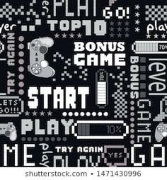 an old video game pattern with the words start and play in white letters on a black background