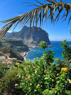 the coast line with mountains in the background and text that reads maderia portugai