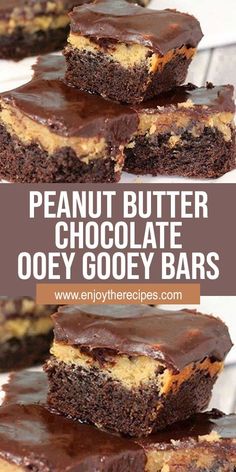 peanut butter chocolate oofy gooey bars stacked on top of each other with text overlay